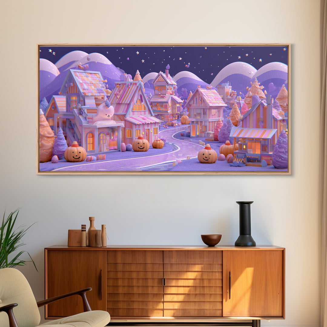 Candy Corn Village, 80s Halloween Wall Art, Wide Panoramic Art, Framed Canvas Print, Retro Halloween Decor, Neon Wall Art