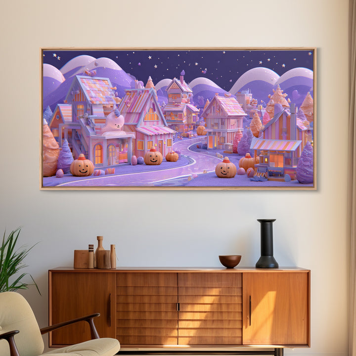Candy Corn Village, 80s Halloween Wall Art, Wide Panoramic Art, Framed Canvas Print, Retro Halloween Decor, Neon Wall Art