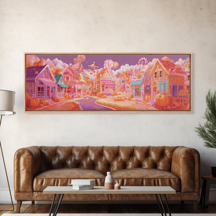 Candy Corn Village, Retro Neon Halloween Art, Extra Wide Wall Art, Canvas Print, Retro Halloween Decor, Neon Wall Art, Statement Wall Art