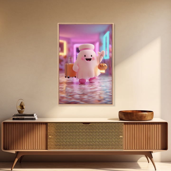 The Friendly Ghost Hotel, Retro Neon Halloween Art, Vertical Wall Art, Canvas Print, Retro Halloween Decor, Neon Wall Art, Horror Wall Art
