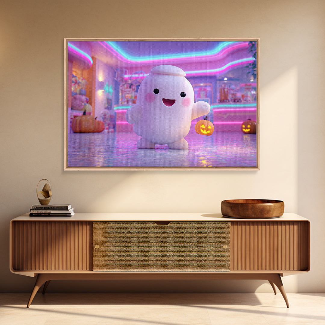 The Friendly Ghost Hotel, Cute Spooky Neon Art, Landscape Wall Art, Canvas Print, Retro Halloween Decor, Neon Wall Art, Macabre Wall Art