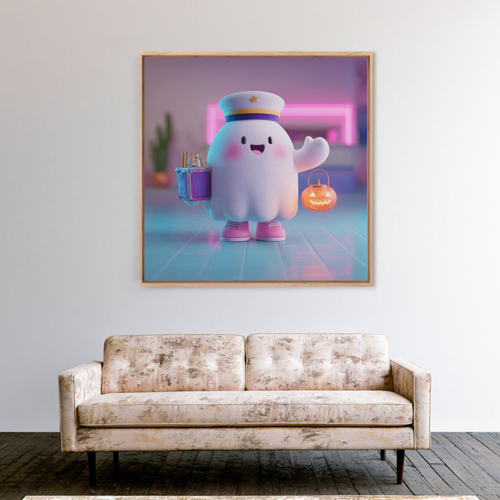 The Friendly Ghost Hotel, 80s Halloween Wall Art, Square Wall Art, Canvas Print, Retro Halloween Decor, Neon Wall Art, Horror Wall Art