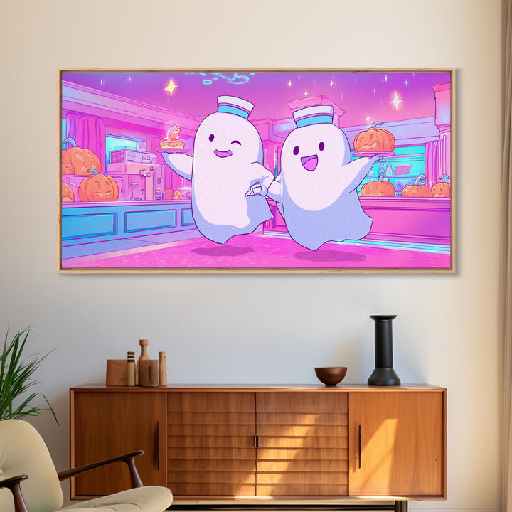 The Friendly Ghost Hotel, Cute Spooky Neon Art, Wide Panoramic Art, Framed Canvas Print, Retro Halloween Decor, Neon Wall Art