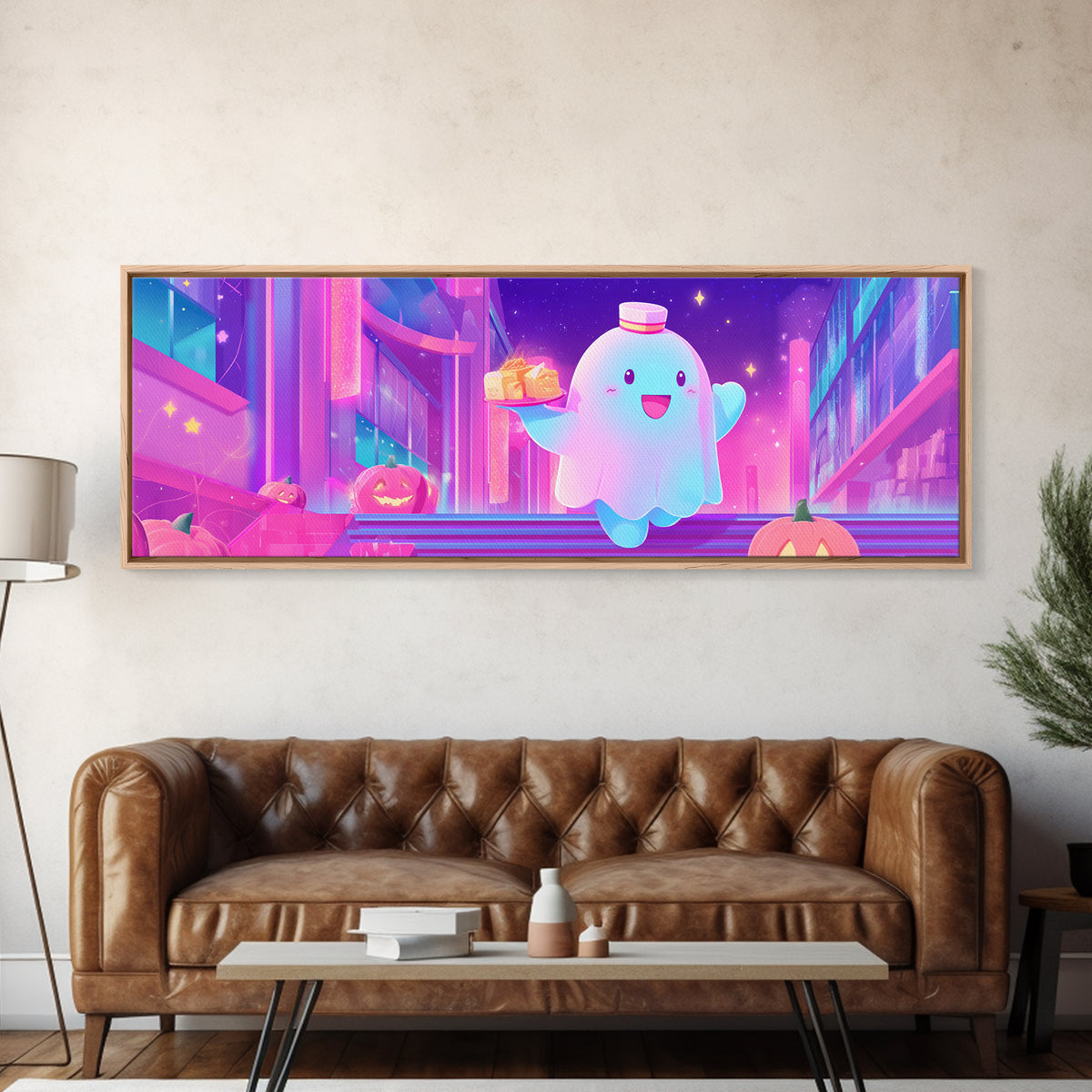 The Friendly Ghost Hotel, Cute Spooky Neon Art, Extra Wide Wall Art, Canvas Print, Retro Halloween Decor, Neon Wall Art, Dark Fantasy Art