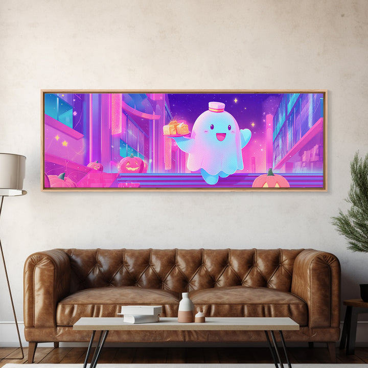 The Friendly Ghost Hotel, Cute Spooky Neon Art, Extra Wide Wall Art, Canvas Print, Retro Halloween Decor, Neon Wall Art, Dark Fantasy Art