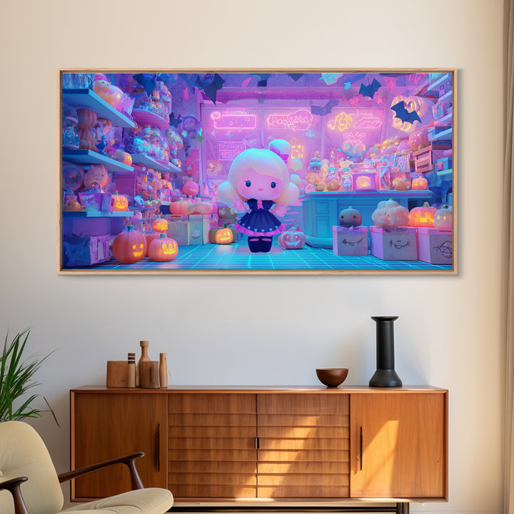 The Moonlight Toy Shop, Vaporwave Halloween Decor, Wide Panoramic Art, Canvas Print, Retro Halloween Decor, Neon Wall Art