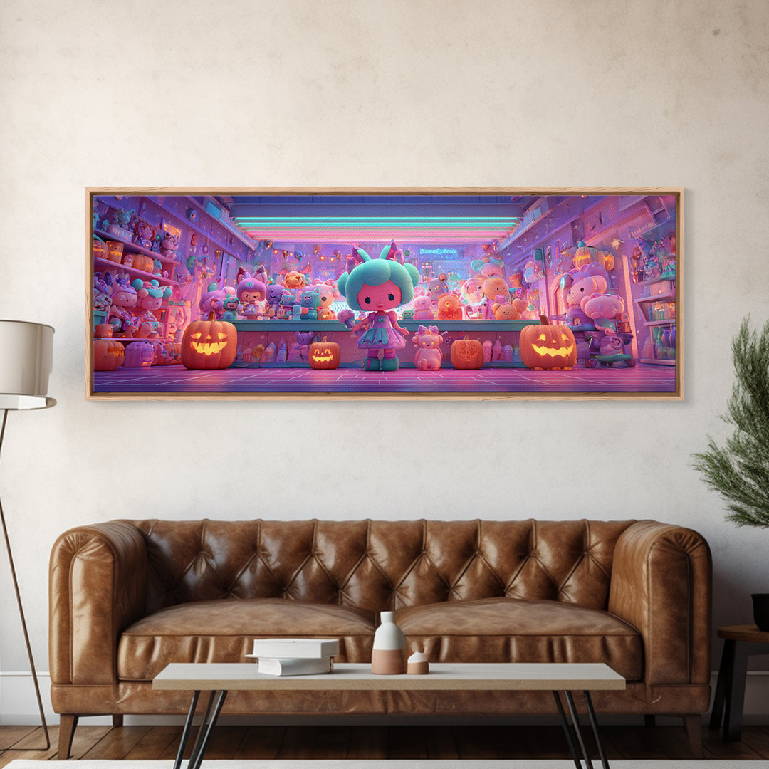 The Moonlight Toy Shop, Cute Spooky Neon Art, Extra Wide Wall Art, Canvas Print, Retro Halloween Decor, Neon Wall Art, Statement Wall Art