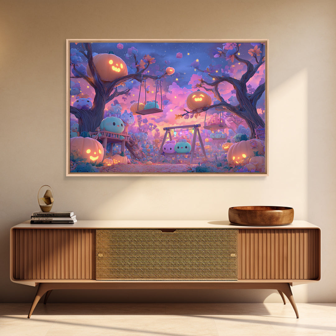 The Pumpkin Patch Playground, Synthwave Halloween Art, Landscape Wall Art, Canvas Print, Retro Halloween Decor, Neon Wall Art