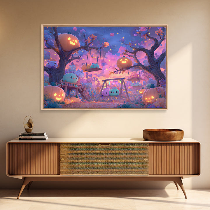 The Pumpkin Patch Playground, Synthwave Halloween Art, Landscape Wall Art, Canvas Print, Retro Halloween Decor, Neon Wall Art