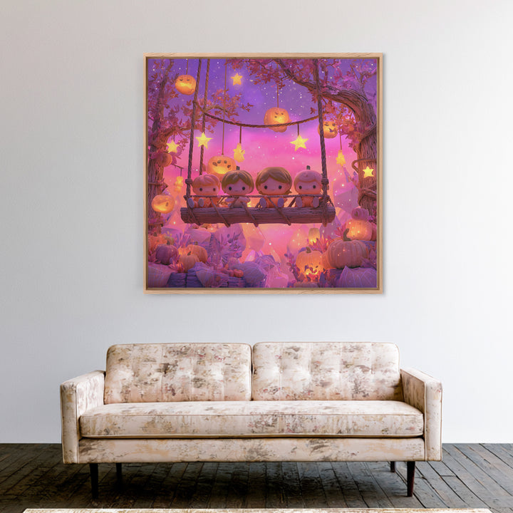 The Pumpkin Patch Playground, Retro Neon Halloween Art, Square Wall Art, Canvas Print, Retro Halloween Decor, Neon Wall Art