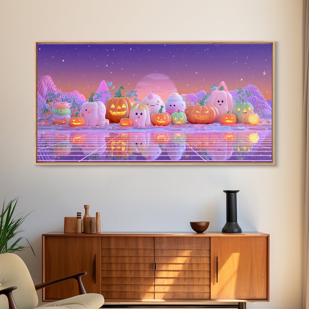 The Pumpkin Patch Playground, Vaporwave Halloween Decor, Wide Panoramic Art, Framed Canvas Print, Retro Halloween Decor, Neon Wall Art