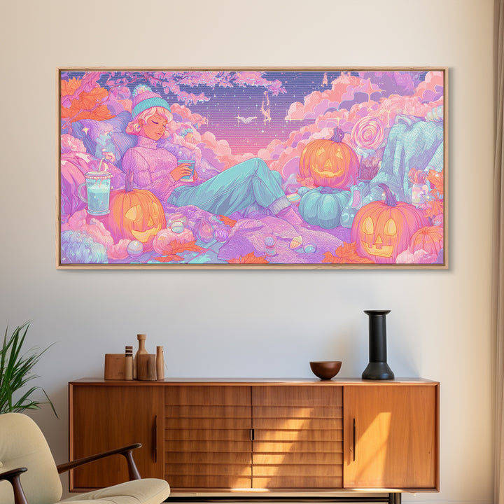 The Enchanted Costume Closet, Vaporwave Halloween Decor, Wide Panoramic Art, Canvas Print, Retro Halloween Decor, Neon Wall Art