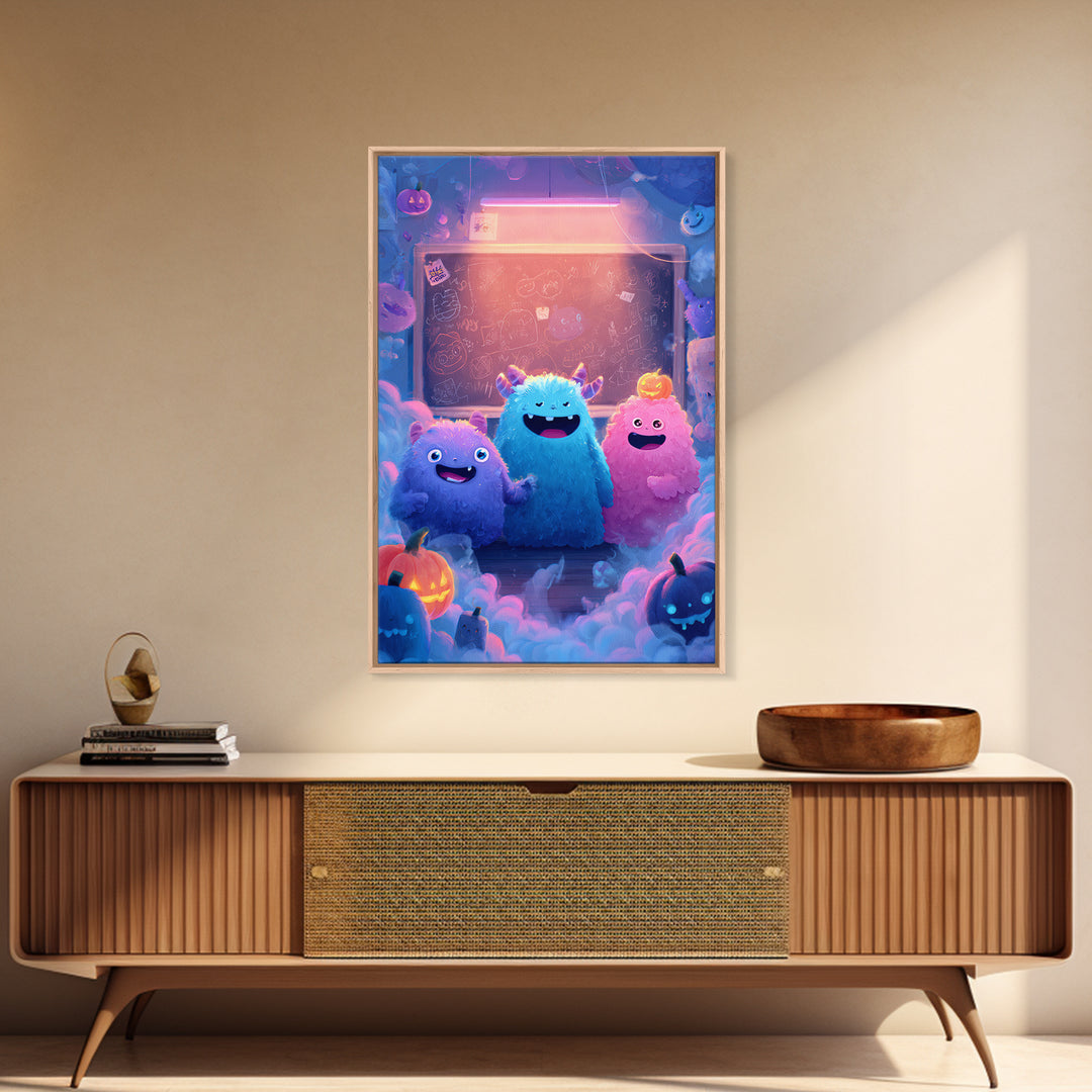 The Little Monster School, 80s Halloween Wall Art, Vertical Wall Art, Canvas Print, Retro Halloween Decor, Neon Wall Art, Spooky Wall Decor
