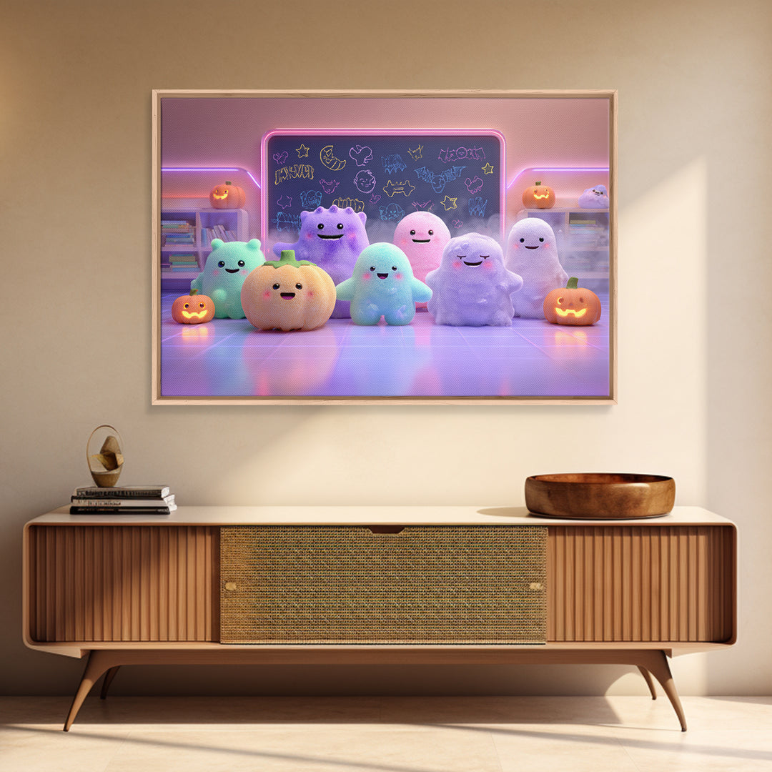 The Little Monster School, Cute Spooky Neon Art, Landscape Wall Art, Framed Canvas Print, Retro Halloween Decor, Neon Wall Art