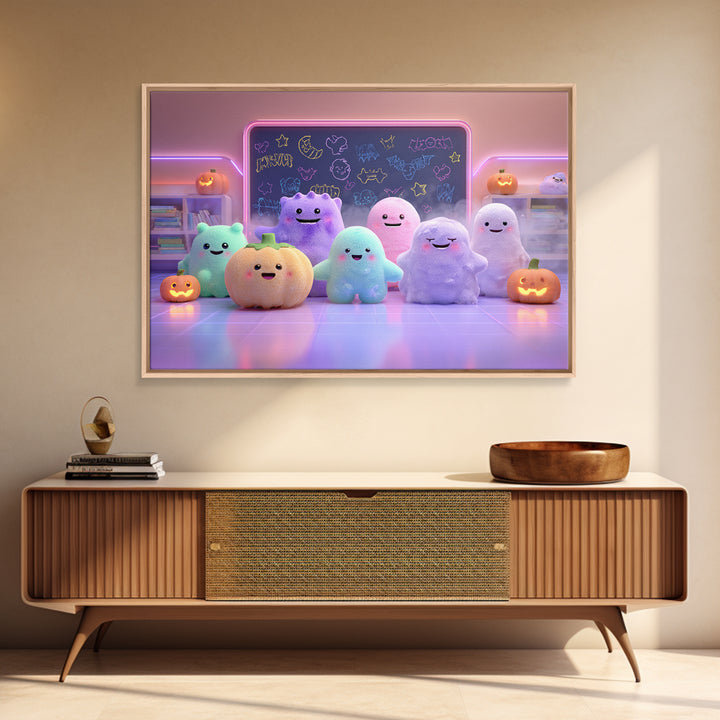 The Little Monster School, Cute Spooky Neon Art, Landscape Wall Art, Framed Canvas Print, Retro Halloween Decor, Neon Wall Art
