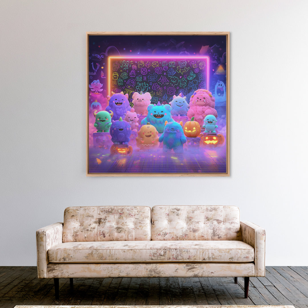 The Little Monster School, Synthwave Halloween Art, Square Wall Art, Canvas Print, Retro Halloween Decor, Neon Wall Art, Seasonal Home Decor
