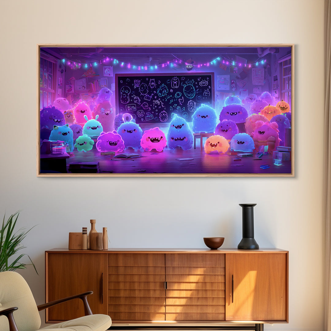 The Little Monster School, Vaporwave Halloween Decor, Wide Panoramic Art, Canvas Print, Retro Halloween Decor, Neon Wall Art
