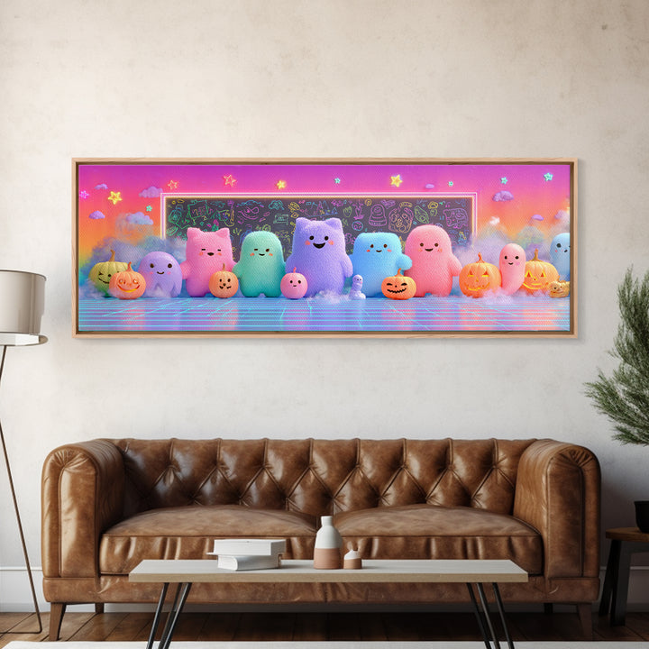 The Little Monster School, Retro Neon Halloween Art, Extra Wide Wall Art, Canvas Print, Retro Halloween Decor, Neon Wall Art