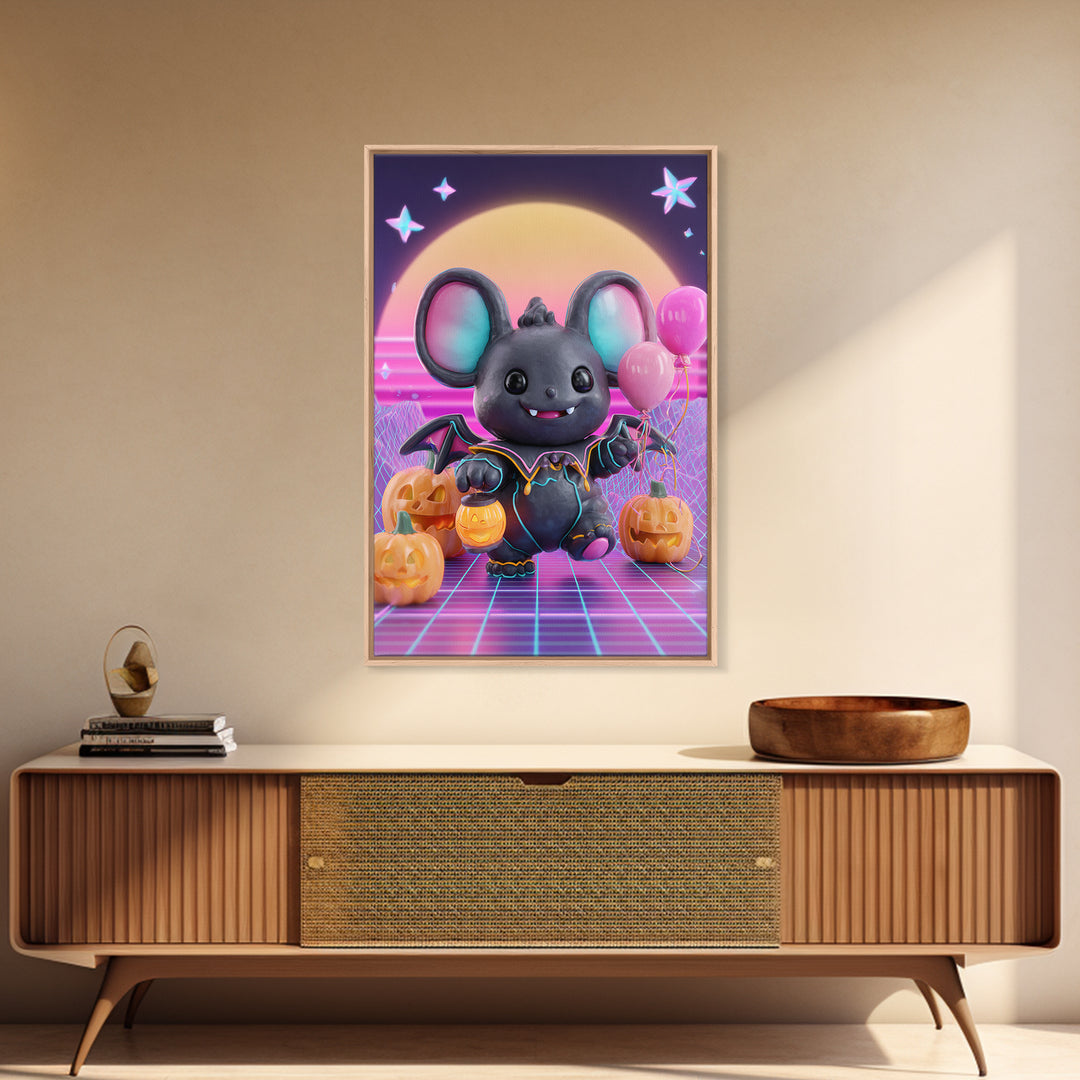 The Bat Balloon Factory, Cute Spooky Neon Art, Vertical Wall Art, Canvas Print, Retro Halloween Decor, Neon Wall Art, Collectible Wall Decor