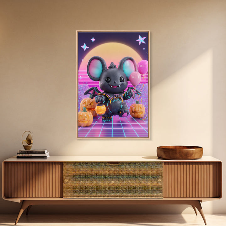The Bat Balloon Factory, Cute Spooky Neon Art, Vertical Wall Art, Canvas Print, Retro Halloween Decor, Neon Wall Art, Collectible Wall Decor