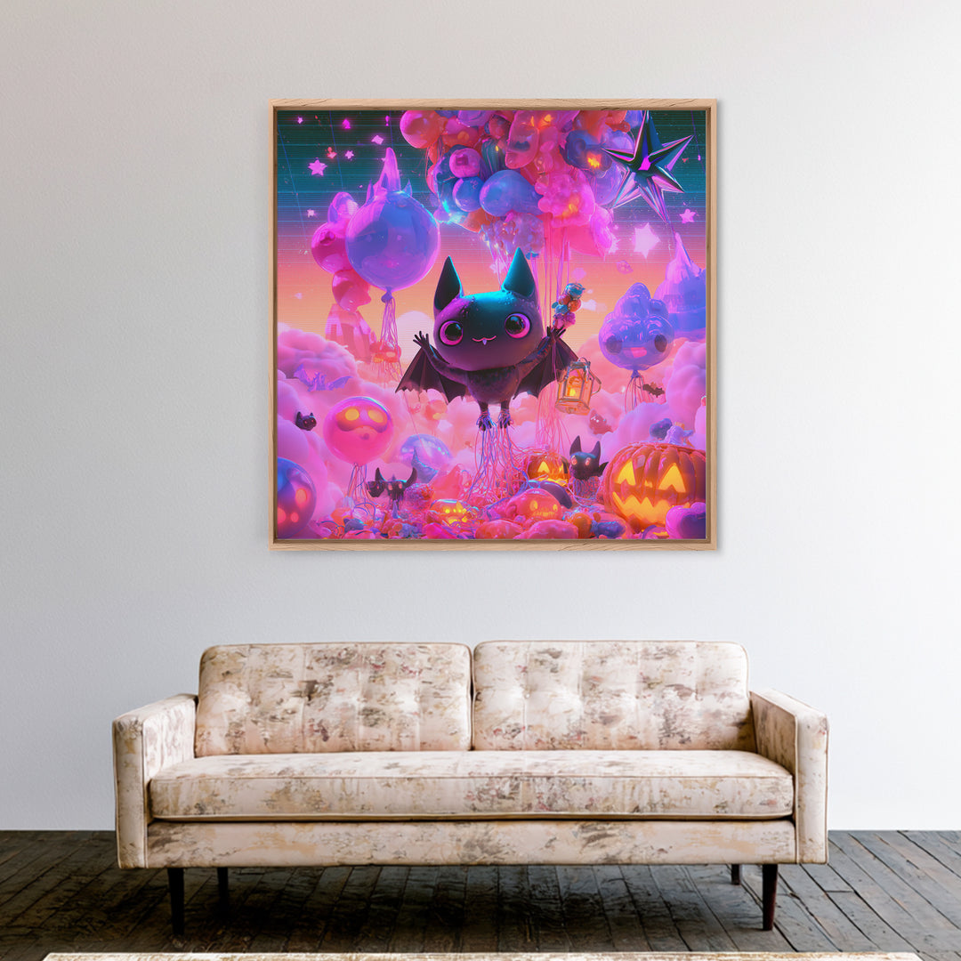 The Bat Balloon Factory, Synthwave Halloween Art, Square Wall Art, Canvas Print, Retro Halloween Decor, Neon Wall Art, Macabre Wall Art