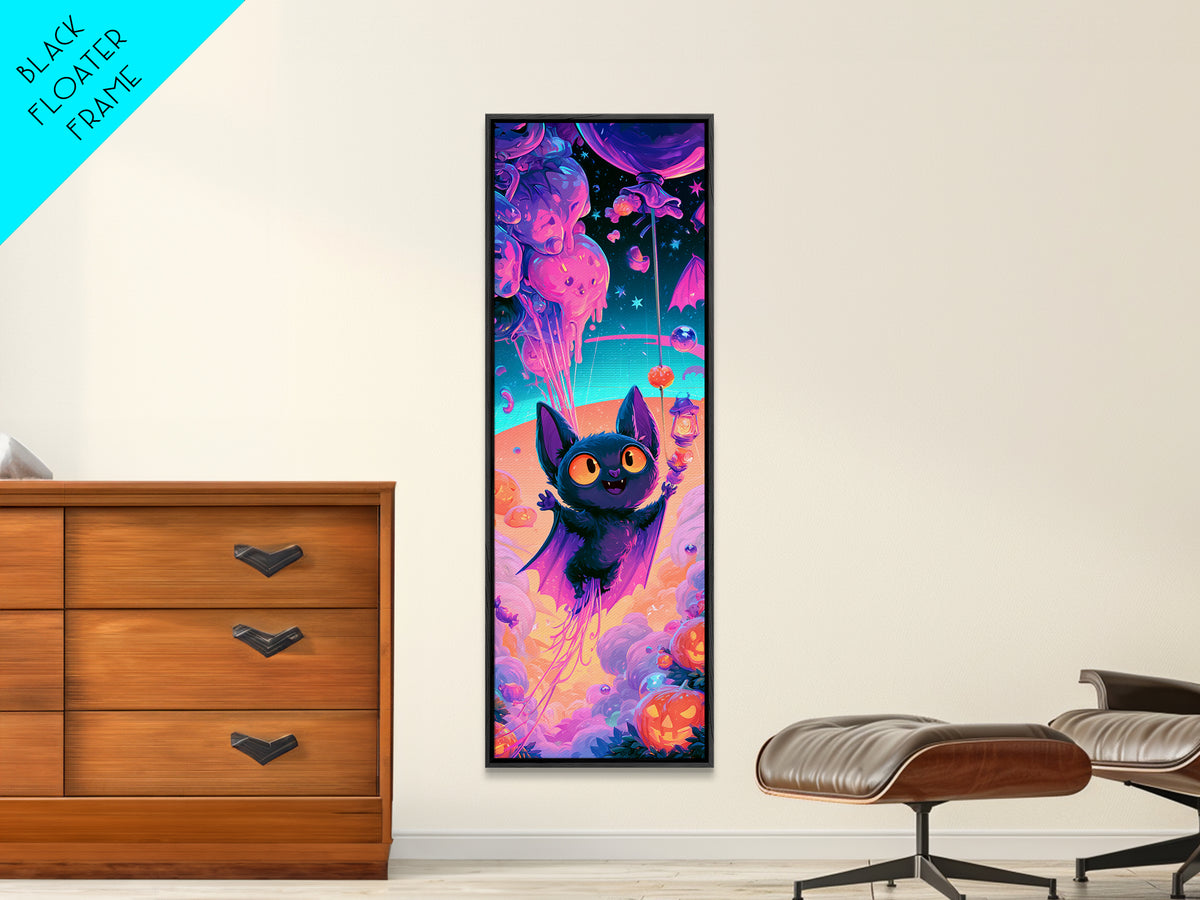 The Bat Balloon Factory, Cute Spooky Neon Art, Tall Narrow Wall Art, Canvas Print, Retro Halloween Decor, Neon Wall Art, Macabre Wall Art