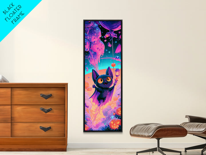The Bat Balloon Factory, Cute Spooky Neon Art, Tall Narrow Wall Art, Canvas Print, Retro Halloween Decor, Neon Wall Art, Macabre Wall Art