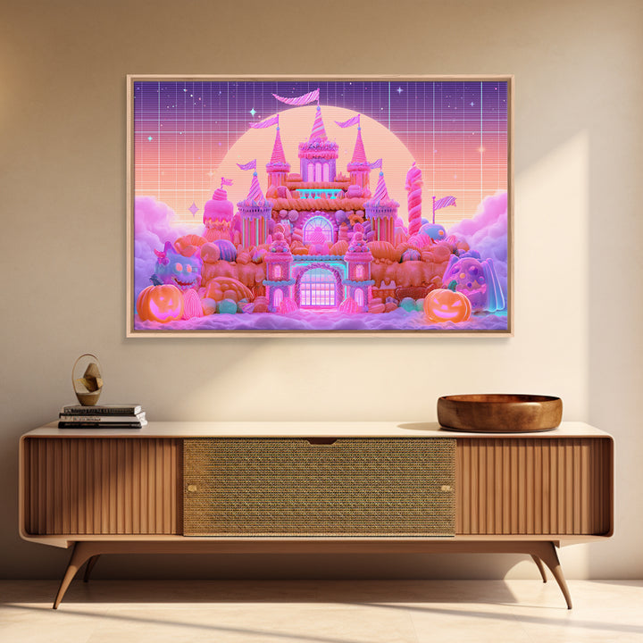 The Candy Castle, Retro Neon Halloween Art, Landscape Wall Art, Framed Canvas Print, Retro Halloween Decor, Neon Wall Art