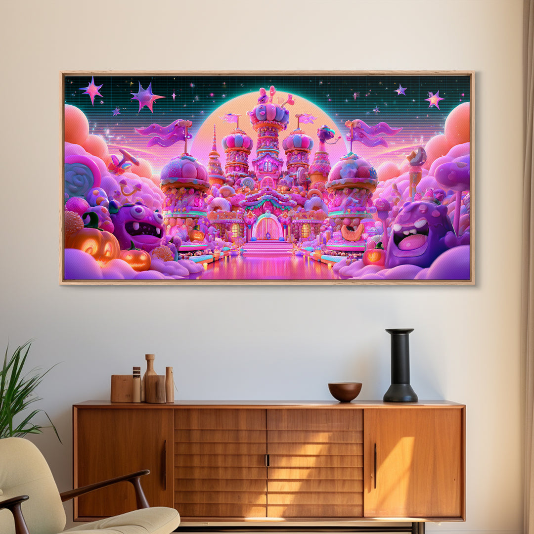 The Candy Castle, Vaporwave Halloween Decor, Wide Panoramic Art, Canvas Print, Retro Halloween Decor, Neon Wall Art, Horror Wall Art