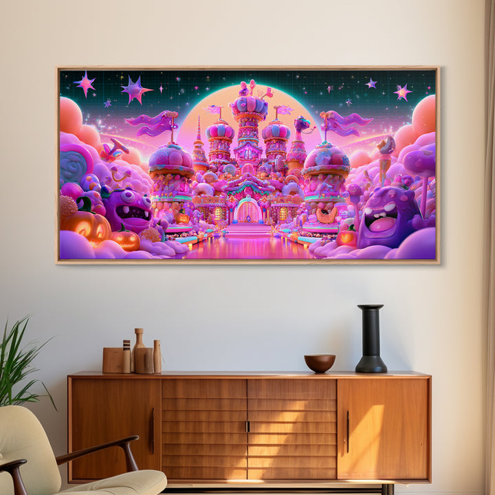 The Candy Castle, Vaporwave Halloween Decor, Wide Panoramic Art, Canvas Print, Retro Halloween Decor, Neon Wall Art, Horror Wall Art