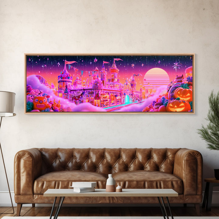 The Candy Castle, Vaporwave Halloween Decor, Extra Wide Wall Art, Canvas Print, Retro Halloween Decor, Neon Wall Art, Spooky Wall Decor
