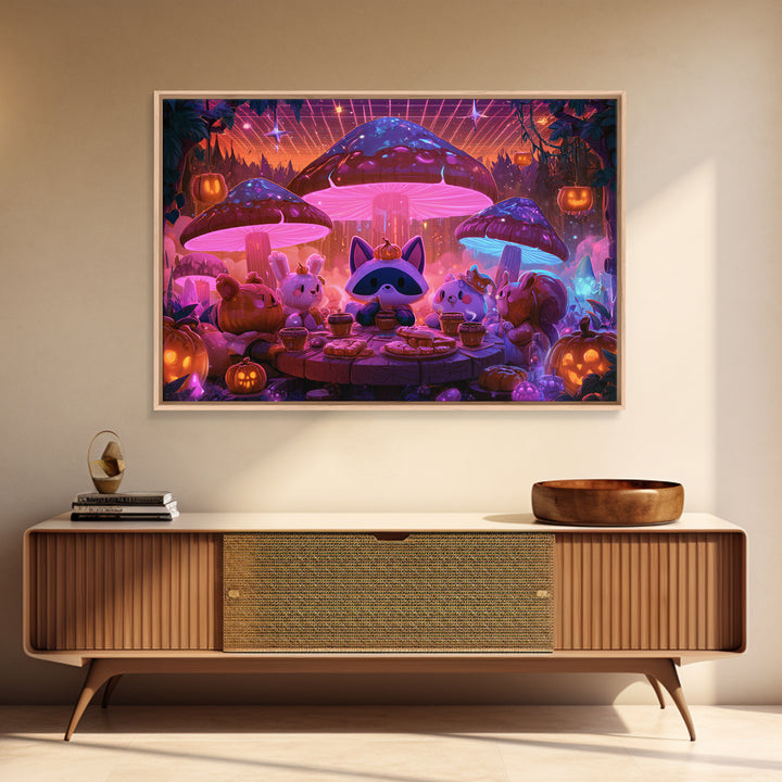The Friendly Forest Cafe, Synthwave Halloween Art, Landscape Wall Art, Framed Canvas Print, Retro Halloween Decor, Neon Wall Art