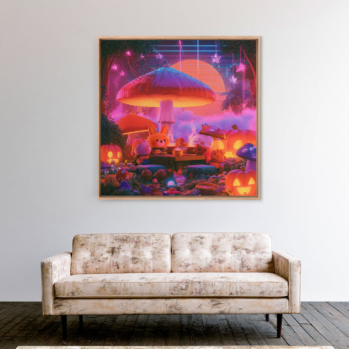 The Friendly Forest Cafe, Synthwave Halloween Art, Square Wall Art, Canvas Print, Retro Halloween Decor, Neon Wall Art, Dark Fantasy Art