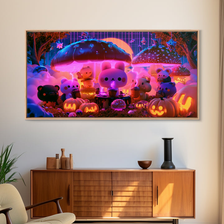 The Friendly Forest Cafe, Retro Neon Halloween Art, Wide Panoramic Art, Framed Canvas Print, Retro Halloween Decor, Neon Wall Art