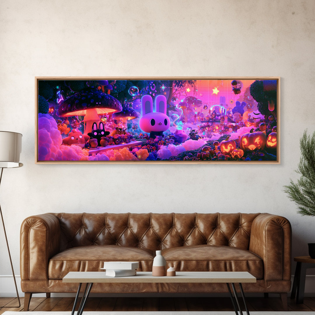 The Friendly Forest Cafe, Cute Spooky Neon Art, Extra Wide Wall Art, Canvas Print, Retro Halloween Decor, Neon Wall Art, Dark Fantasy Art