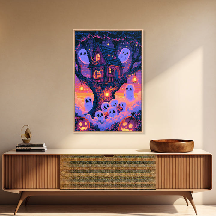 The Ghostly Treehouse, Vaporwave Halloween Decor, Vertical Wall Art, Canvas Print, Retro Halloween Decor, Neon Wall Art, Statement Wall Art