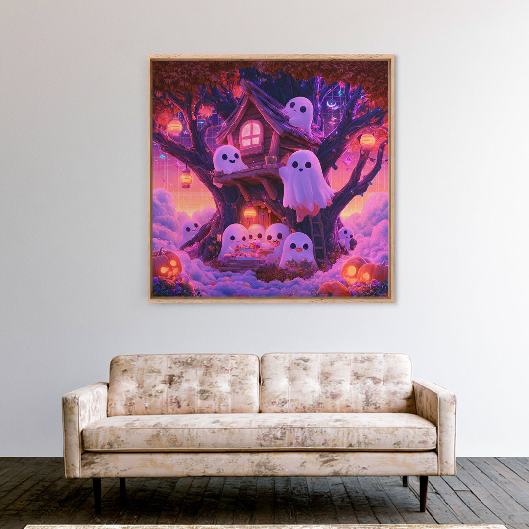 The Ghostly Treehouse, 80s Halloween Wall Art, Square Wall Art, Framed Canvas Print, Retro Halloween Decor, Neon Wall Art