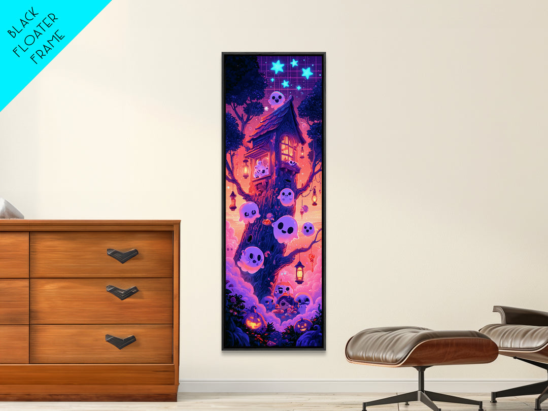The Ghostly Treehouse, Synthwave Halloween Art, Tall Narrow Wall Art, Canvas Print, Retro Halloween Decor, Neon Wall Art, Macabre Wall Art