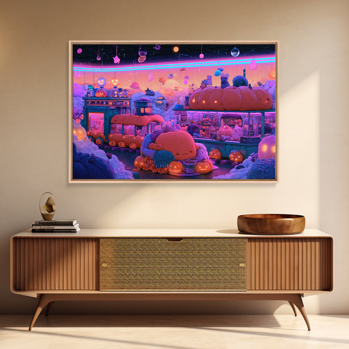 The Pumpkin Train Station, Cute Spooky Neon Art, Landscape Wall Art, Framed Canvas Print, Retro Halloween Decor, Neon Wall Art