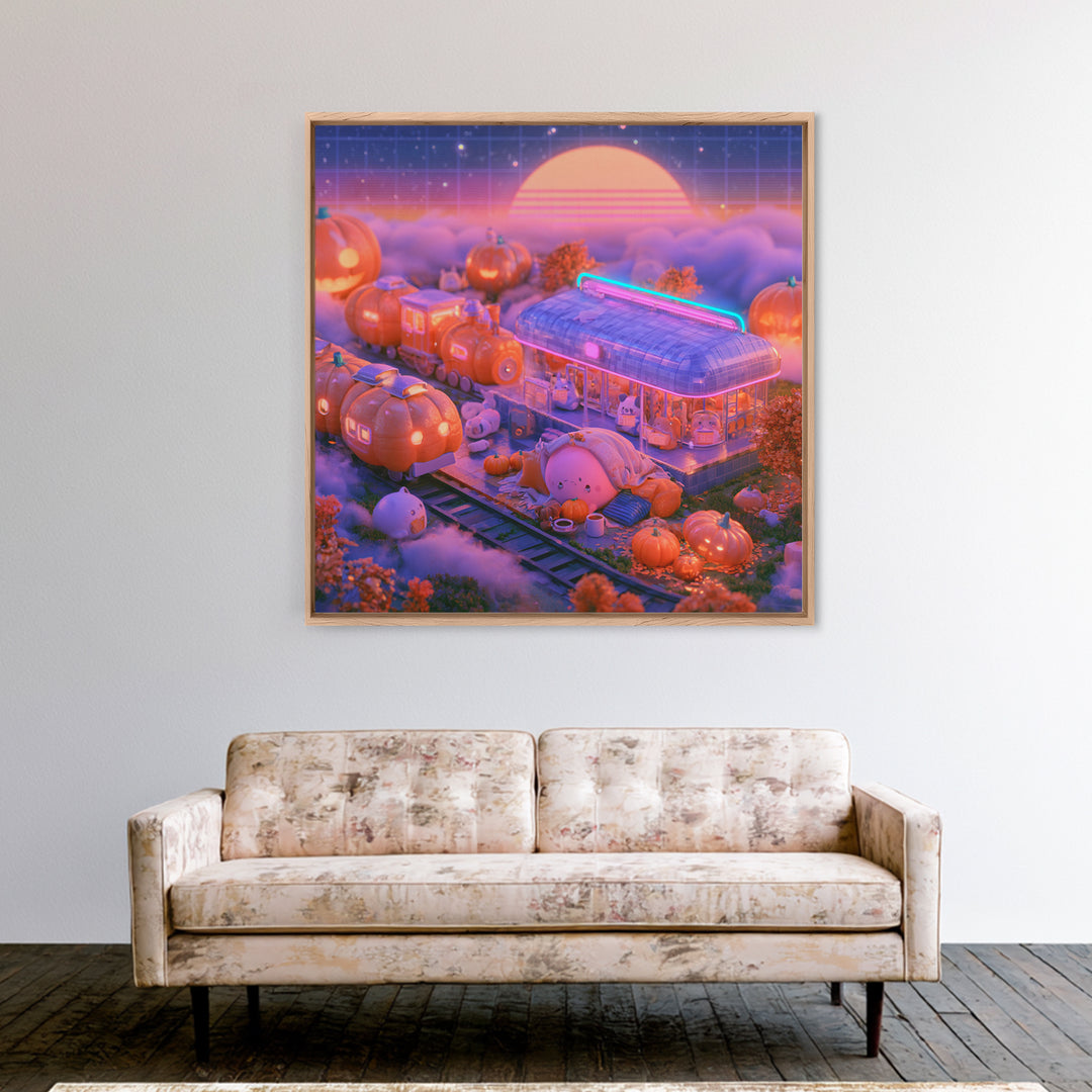 The Pumpkin Train Station, Cute Spooky Neon Art, Square Wall Art, Canvas Print, Retro Halloween Decor, Neon Wall Art, Gothic Home Decor