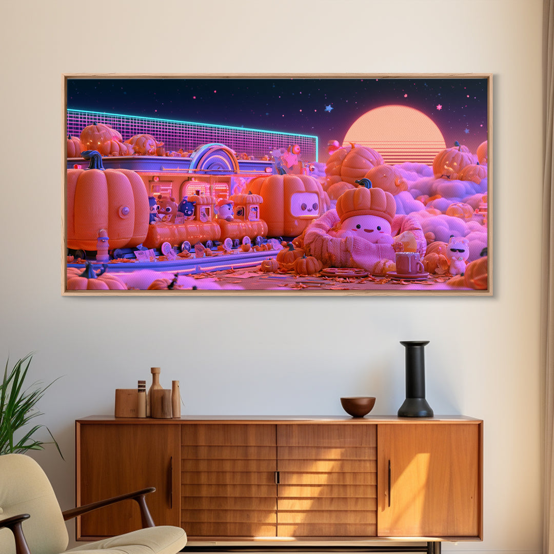 The Pumpkin Train Station, 80s Halloween Wall Art, Wide Panoramic Art, Framed Canvas Print, Retro Halloween Decor, Neon Wall Art
