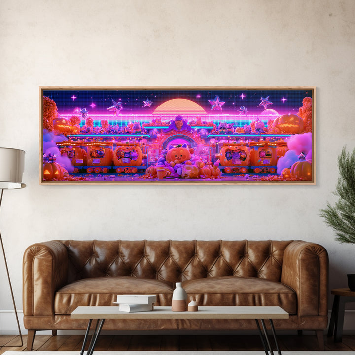 The Pumpkin Train Station, Cute Spooky Neon Art, Extra Wide Wall Art, Framed Canvas Print, Retro Halloween Decor, Neon Wall Art