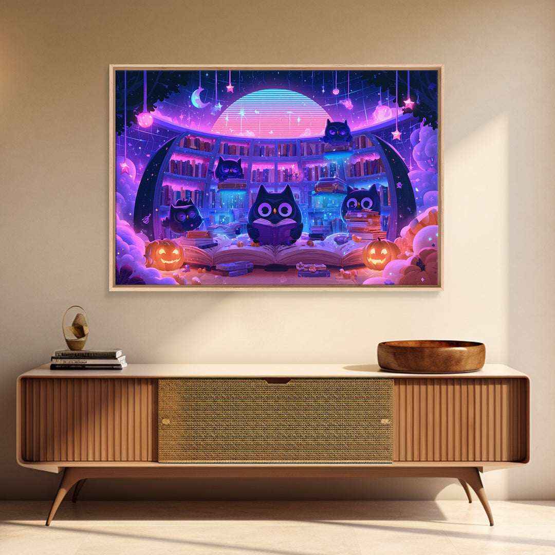 The Moonbeam Library, Synthwave Halloween Art, Landscape Wall Art, Canvas Print, Retro Halloween Decor, Neon Wall Art, Horror Wall Art