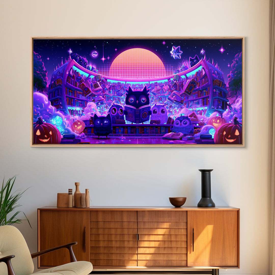 The Moonbeam Library, Vaporwave Halloween Decor, Wide Panoramic Art, Canvas Print, Retro Halloween Decor, Neon Wall Art, Macabre Wall Art