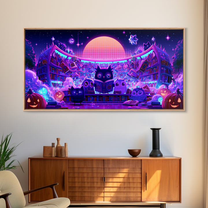 The Moonbeam Library, Vaporwave Halloween Decor, Wide Panoramic Art, Canvas Print, Retro Halloween Decor, Neon Wall Art, Macabre Wall Art