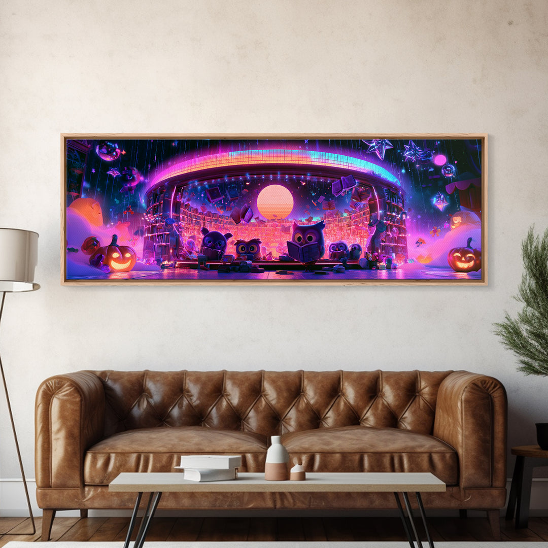 The Moonbeam Library, Cute Spooky Neon Art, Extra Wide Wall Art, Framed Canvas Print, Retro Halloween Decor, Neon Wall Art, Dark Fantasy Art