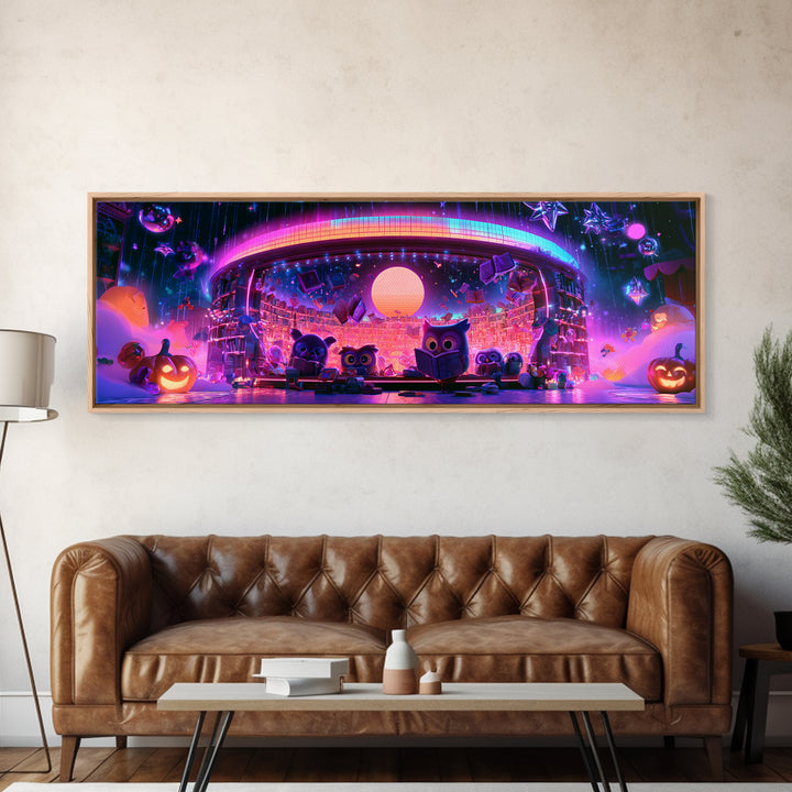 The Moonbeam Library, Cute Spooky Neon Art, Extra Wide Wall Art, Framed Canvas Print, Retro Halloween Decor, Neon Wall Art, Dark Fantasy Art