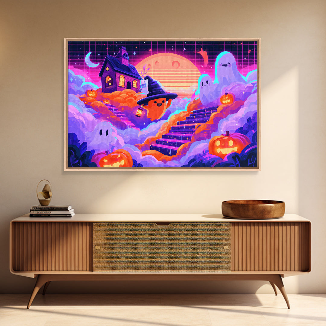 The Halloween Cloud Kingdom, 80s Halloween Wall Art, Landscape Wall Art, Framed Canvas Print, Retro Halloween Decor, Neon Wall Art