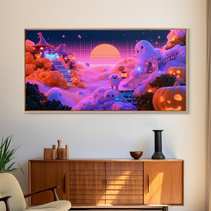 The Halloween Cloud Kingdom, Synthwave Halloween Art, Wide Panoramic Art, Canvas Print, Retro Halloween Decor, Neon Wall Art