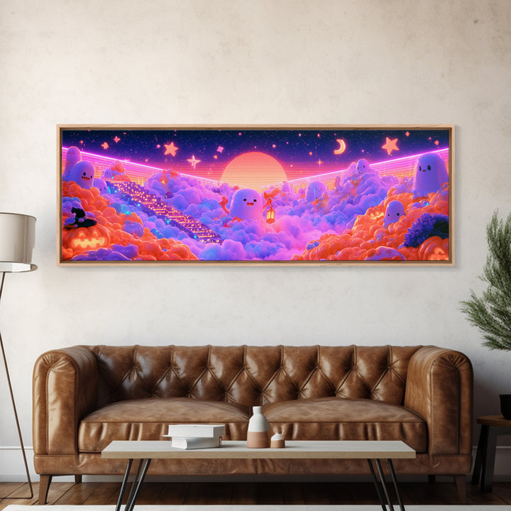 The Halloween Cloud Kingdom, Retro Neon Halloween Art, Extra Wide Wall Art, Framed Canvas Print, Retro Halloween Decor, Neon Wall Art